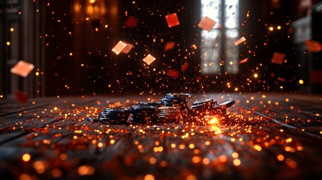 Dramatic poker chips exploding on wooden floor in dark room with sparks.  Possible use Gaming, gambling, casino, dramatic background