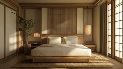 Minimalist bedroom design featuring natural elements and warm light