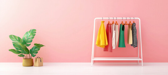 Clothing rack with colorful garments and potted plant against pink wall