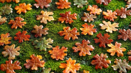Decorative maple leaves on green moss background used for fall season decor