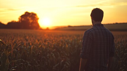 Fototapeta premium Soft Orange Glow Over Corn Field at Sunset