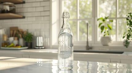 A transparent glass bottle filled with fresh water, sitting on a polished white counter.