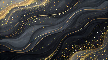 a dark gray and black marble-like surface with flowing, wavy lines in a dark gray/black color palette, highlighted by gold glitter and metallic gold lines, resembling an abstract marble or agate desig
