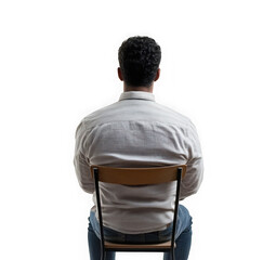 Man sitting chair relaxing, casual male rest lifestyle, modern furniture comfort design, person seated position isolated rear back view