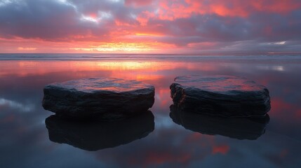 Dramatic sunset over calm beach reflecting on rocks