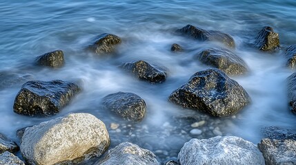 Fototapeta premium Dark rocks submerged in blue water flow