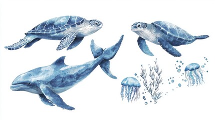 Fototapeta premium Beautiful Watercolor Sea Life Illustrations of Turtles and Whales