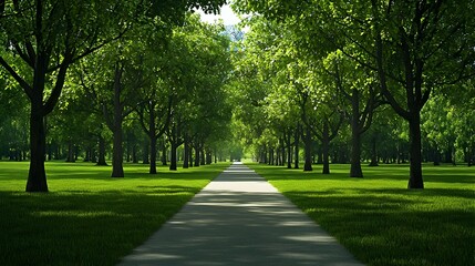 Fototapeta premium Sunlit Path Through a Lush Green Tree Lined Avenue