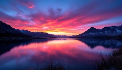 Obraz premium Lake Reflection of Majestic Mountains at Dramatic Sunset with Vibrant Colors