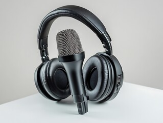 Black podcasting microphone paired with professional headphones on a solid white surface.