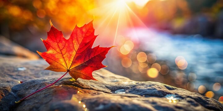 Happy Canada Day: Red Maple Leaf on Rock - Patriotism Stock Photo