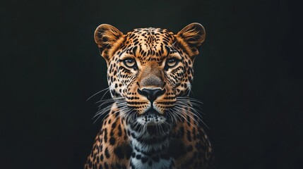 Naklejka premium Leopard portrait. Dark background. Stock for wildlife, nature, animal themes