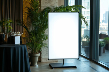 Mock up blank roll up banner stand in modern business hotel interior, next to stair, blurred background	