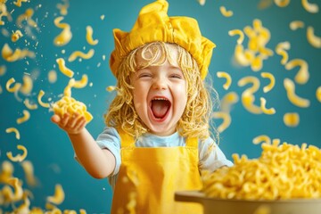 Joyful toddler playing in pasta!