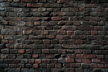 A close-up view of a weathered brick wall with various shades of red and gray.