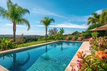 Fototapeta premium A stunning pool surrounded by palm trees and vibrant flowers under a clear blue sky.