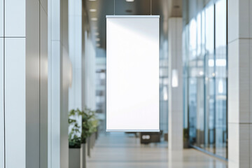 Mockup of white vertical banners hanging in the mall, or office building lobby background