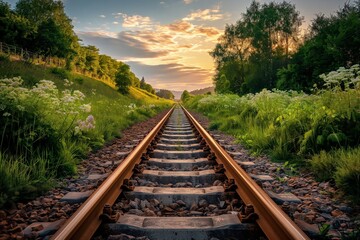 Fototapeta premium A scenic view of train tracks leading into the sunset, surrounded by lush greenery and flowers.