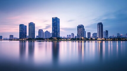 Obraz premium Cityscape at Dusk Skyline Reflecting in Calm Water