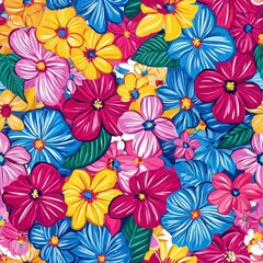 Vibrant floral pattern, featuring a profusion of colorful flowers in pink, yellow, and blue hues.  The flowers are densely packed, creating a lively and energetic design.