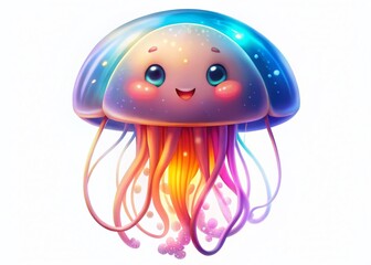 Happy Jellyfish Character Night Glow, White Background Stock Photo