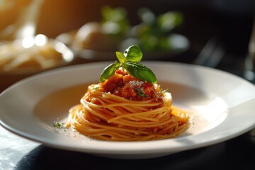 Delicious spaghetti with meat sauce, topped with fresh basil.