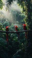 Vibrant Red Macaws Perched Branch