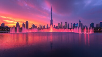 Dubai Fountain show at sunset, reflecting city skyline