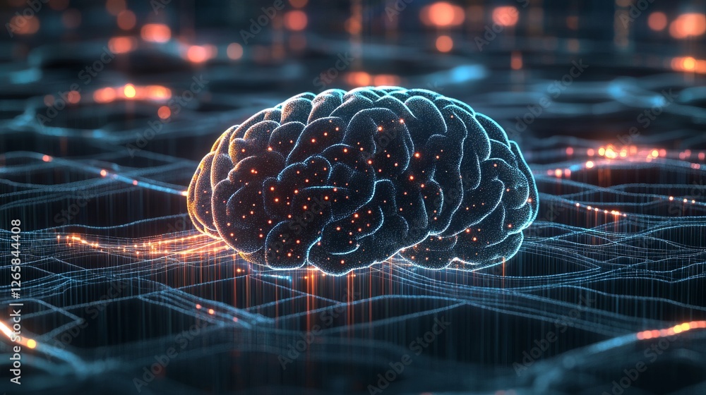 Poster ai brain concept. futuristic neural network with glowing connections. digital mind for deep learning