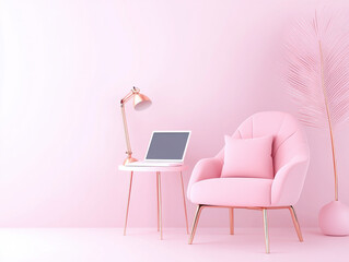 Fototapeta premium Pink chair with pillow, laptop on table, and pink decor in minimalist workspace
