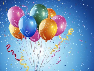 Bright, colorful birthday background with shiny balloons, ribbons, and streamers in the air.
