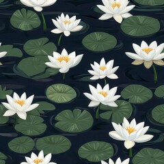 White water lilies with green leaves floating on dark water, creating a serene and tranquil scene