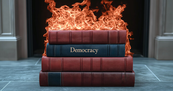 Flames consume stacked books labeled democracy, representing the dangers facing democratic values in today's world