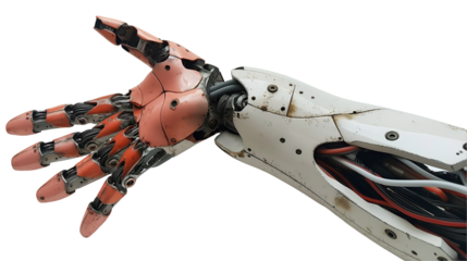 Robotic Arm Design Futuristic Mechanical Hand, Orange and White Modern Technology Art, isolated on transparent background.