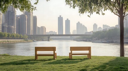 Two Wooden Benches Overlooking Urban River Cityscape