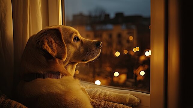 Dog gazing out at the urban nightscape from a cozy window. 