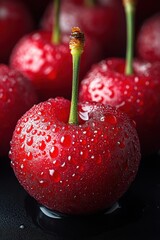 Fresh red cherry with water droplets on black background