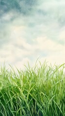 Obraz premium Green Grass Under Soft Blue Sky with Clouds in Watercolor Style