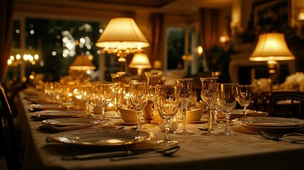 Elegant dinner party, warm lighting, formal dining room, holiday ambiance