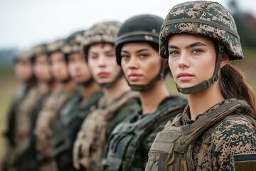 Fototapeta premium Women in military uniforms stand confidently in formation, showcasing unity and determination in a historic context
