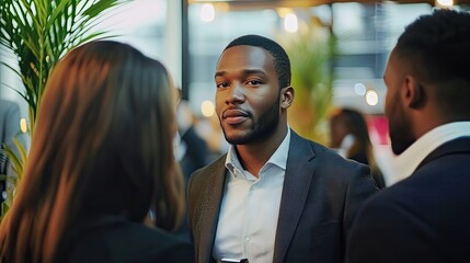 A vibrant networking event with professionals exchanging business cards and ideas in a chic venue.