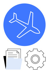 Airplane in blue circle above folder, documents, and gear. Ideal for aviation, logistics, travel planning, engineering, business processes, workflow optimization abstract line flat metaphor