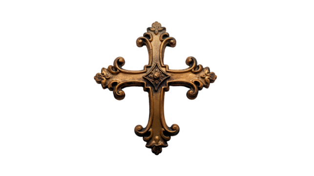 Gold Cross Design Antique Religious Symbol, Elegant Christian Decor for Faith and Hope, isolated on transparent background. - Powered by Adobe