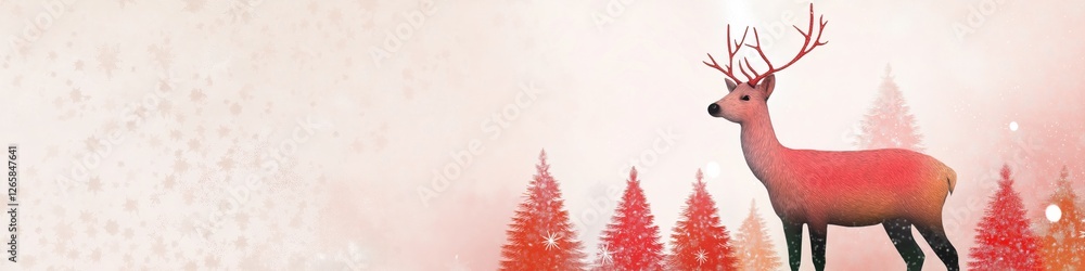 Poster a deer stands in front of a forest of trees. the image is a winter scene with snow on the ground and