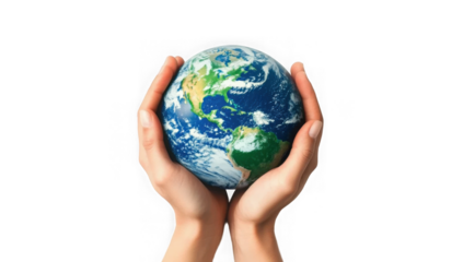 Closeup of hands holding the planet earth globe sphere isolated on transparent background. Nature environment and ecology protection concept, energy conservation and sustainability, global warming