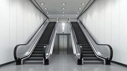 Modern escalators & elevator in white hallway