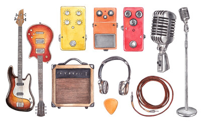 Guitar set, bass guitar amplifier, microphone, headphones and pick. Watercolor hand-drawn illustration on the theme of music. Clipart for the design of a website, music store and blog. © Tana Svoboda