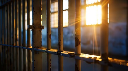 Close-up of a prison gate opening with sunlight shining through, symbolizing freedom, new beginnings, and hope for a fresh start in life.
