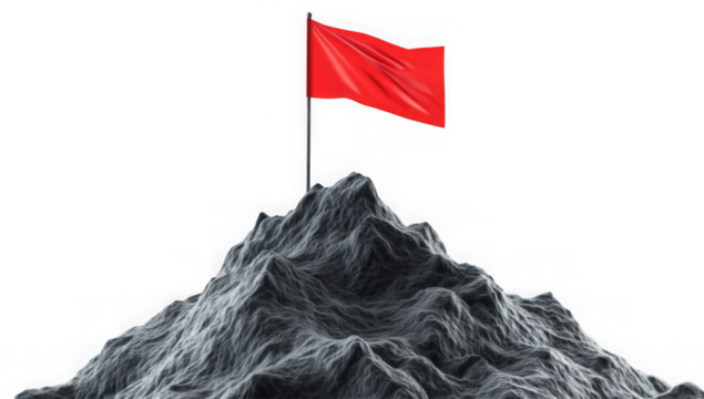 Victory flag on mountain summit peak, successful achievement climbing challenge, triumphant leadership journey to the top, champion reaching ultimate goal