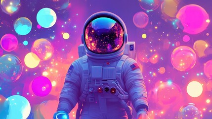 A dynamic pop art illustration of an astronaut surrounded by luminous, multicolored bubbles on an otherworldly terrain, created using generative AI techniques
